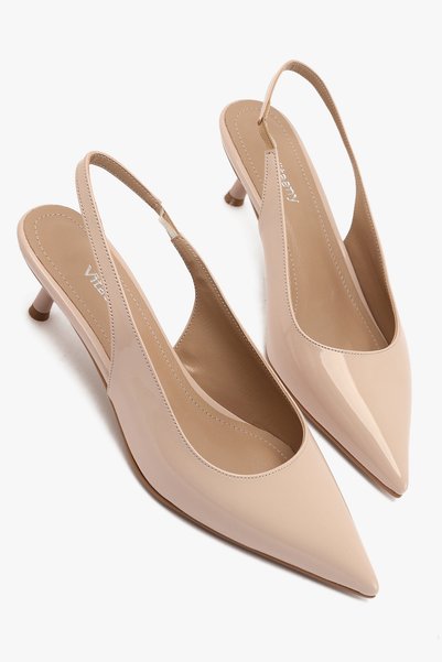 vitaeny Gioia Beige Patent Leather Pointed Toe Open Back Low Heel Shoes