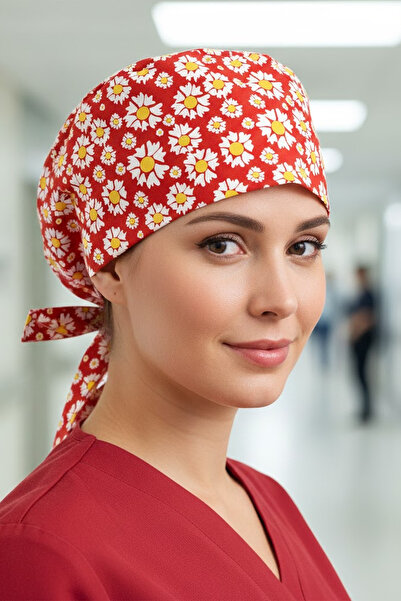 Lion Üniforma Kırmızı Papatya Desenli Cerrahi Bone Unisex – Likralı Doktor He...