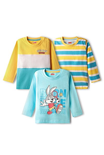 Babyhug 100% Cotton Knit Full Sleeve T-Shirts Stripes & Animal Print (Pack of 3)-Light Blue & Yellow