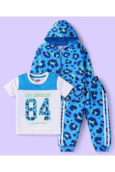 Babyhug Terry Knit Animal-Print Hooded Jacket with Joggers & T-Shirt Set - Blue