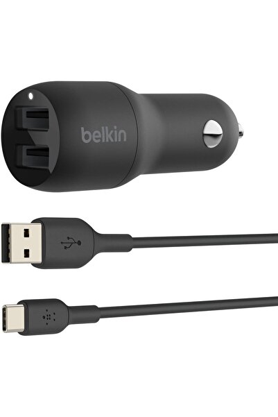 Belkin شاحن سيارة BOOST CHARGE ثنائي المنافذ USB-A بقوة 24 واط + كابل USB-A إلى USB-C، أسود، CCE001bt1MBK