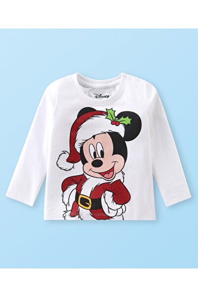 Babyhug Disney تيشيرت أبيض بأكمام طويلة من قماش جيرسي ناعم، مزين بطبعة ميكي م...