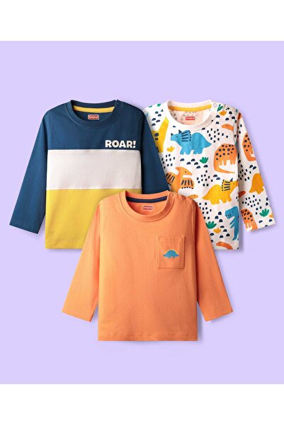 Babyhug 100% Cotton Knit Full Sleeve T-Shirts Roar Text&Animal Print (Pack of 3)-Orange&Navy Blue
