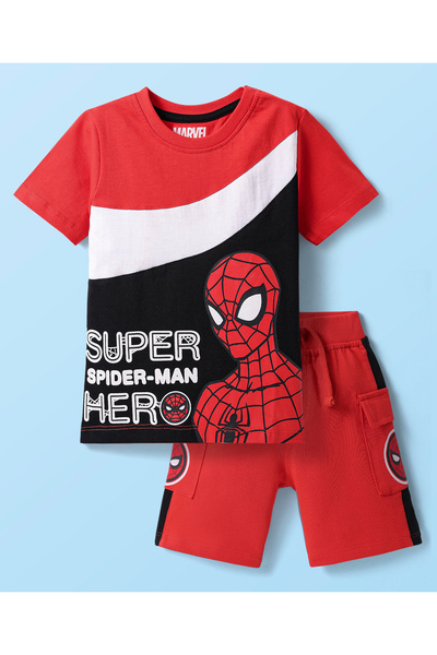 Babyhug Marvel طقم تيشيرت وشورت من قماش جيرسي ناعم بأكمام نصفية، بتصميم سبايد...