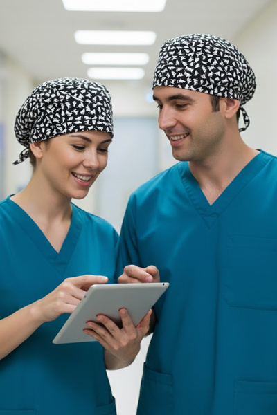 Lion Üniforma Kedi Siyah Zemin Desenli Cerrahi Bone Unisex – Likralı Doktor H...