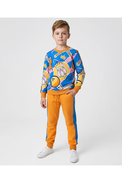 Ollington St. سويت شيرت قطني بأكمام طويلة مزين بطبعة بولينج وبنطال رياضي محبو...