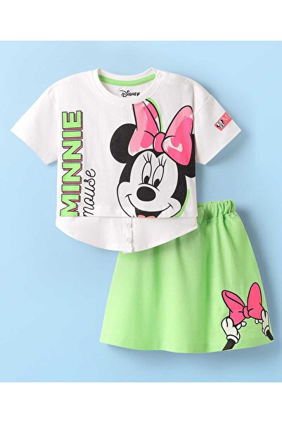 Babyhug Disney Single Jersey Knit Half Sleeves T-Shirt &Skirt Set Minnie Mouse-Light Green & White