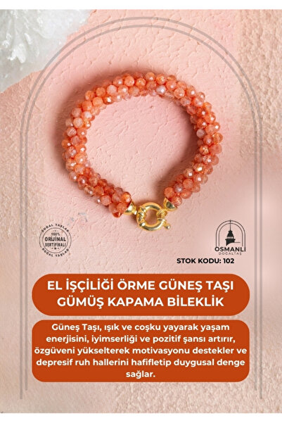 OSMANLI DOĞAL TAŞ Certified Handcrafted Knitted Sunstone Silver Clasp Bracelet (Sk:102)