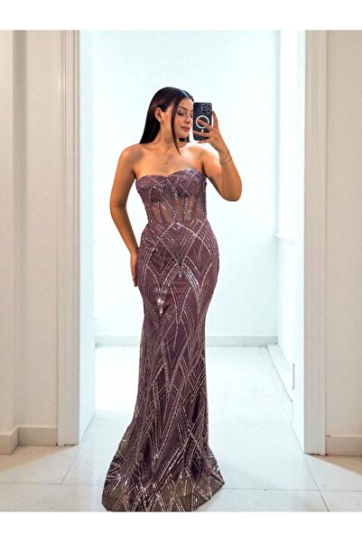 OLA Calis Straplez Transparan Korse Detaylı Lila Renk Balık Model Elbise