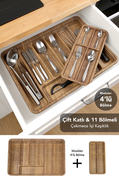 Meleni Home 11 Bölmeli Çekmece İçi Kaşıklık - İki Katlı Modüler Parçalı Çekmece Düzenleyici Organizer 49x36 cm