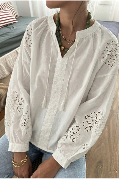 FEMELLE Women's Tassel Balloon Sleeve Brode Embroidery Embroidered Cotton Blouse