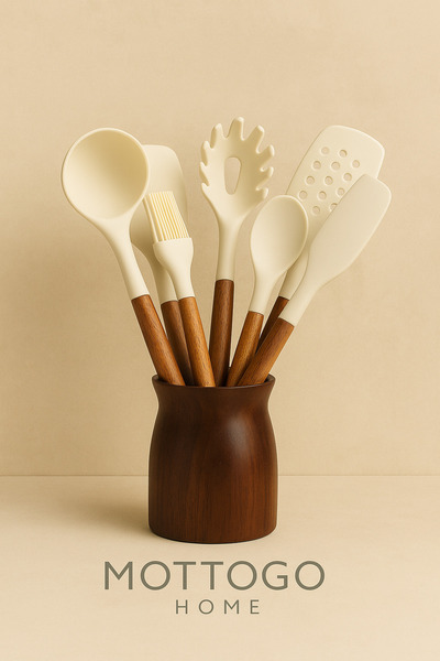 Mottogo مجموعة أدوات المطبخ السيليكونية ذات المقابض من خشب السنط وحامل الملاعق الخشبي - طقم تقديم مكون من 7 قطع مقاوم للحرارة