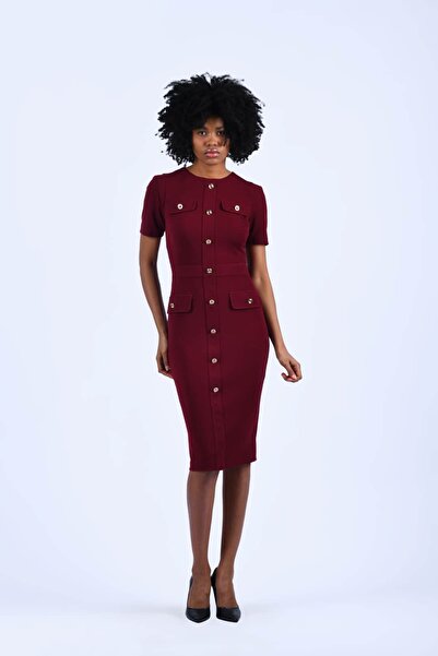 la luce Şarap Düğmeli Midi Elbise - LE588