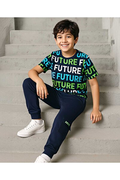 Ollington St. طقم تيشيرت قطني محبوك بنصف كم مطبوع عليه نص وبنطال رياضي محبوك ...