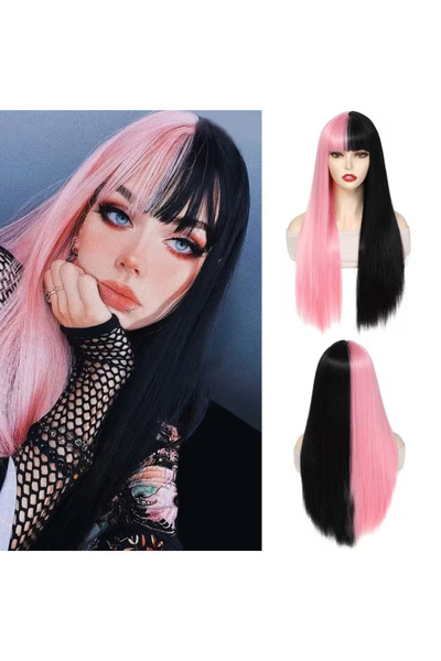 Butic Siyah Pembe Sentetik Peruk 71CM Anime Cosplay Influencer Peruk Kawaii
