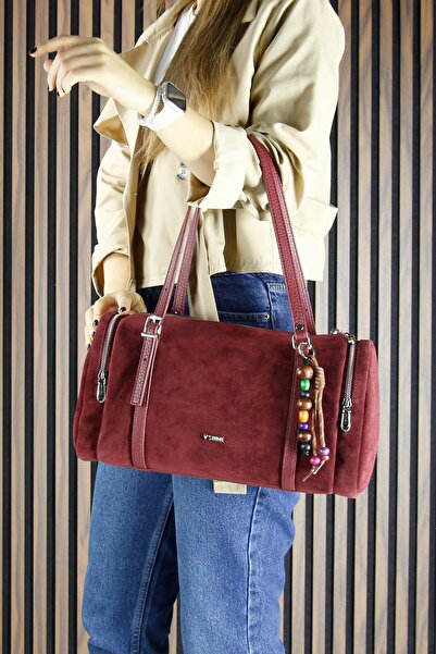 Erkan Saçmacı Μπορντό γνήσιο δέρμα αγελάδας σουέτ με φερμουάρ τριών τμημάτων καθημερινή τσάντα ώμου μεγάλου μεγέθους με αξεσουάρ με χάντρες