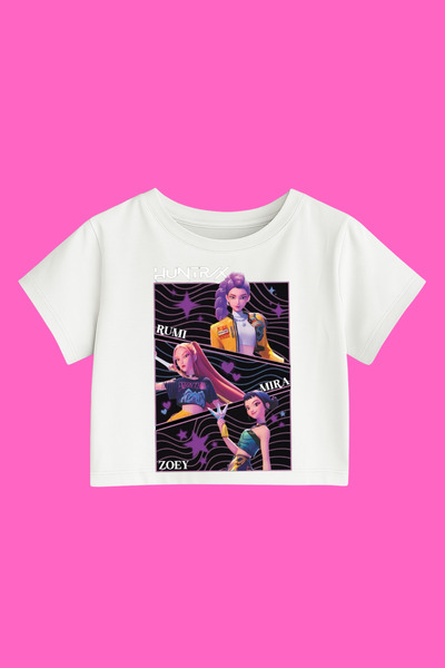MECH BUTİK Crop-Top imprimat K-Pop Demon Hunters Huntrix este slim fit.