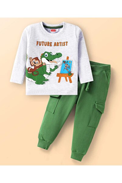 Babyhug Single Jersey Knit Full Sleeve T-Shirt&Lounge Pant Set Crocodile&Text Print-White&Green