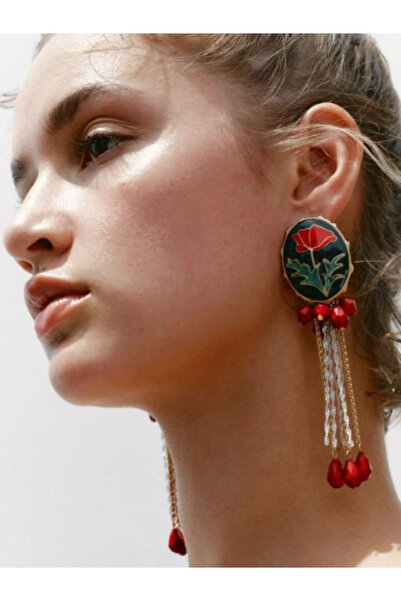 Alyas Aksesuar أقراط مطرزة بتفاصيل الزهور والسلاسل من طراز ZR