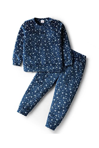 Babyhug Velour Woven Full Sleeve Winter Wear Sweatshirt & Lounge PantSet Snowflake Print - Navy Blue