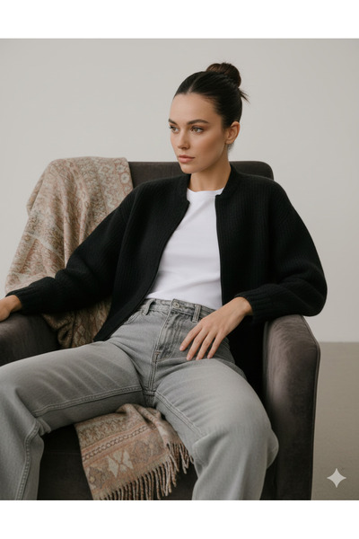 FAVORİST Women's Zippered Black (Triko Cardigan)