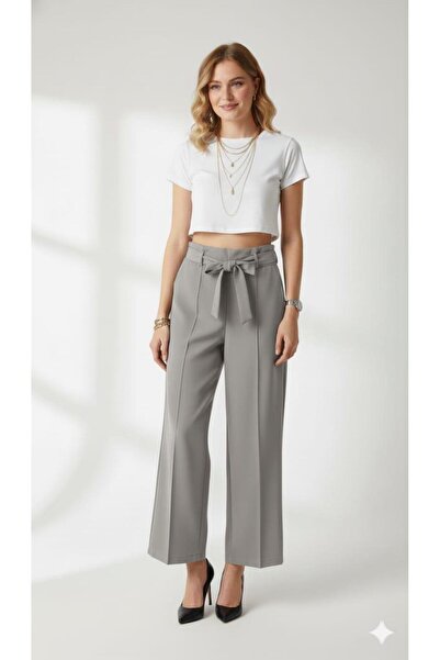 ribana Women's High Waist Wide Leg Pants with Pockets, Elastic Waistband, and Tie-Up Fabric Trousers