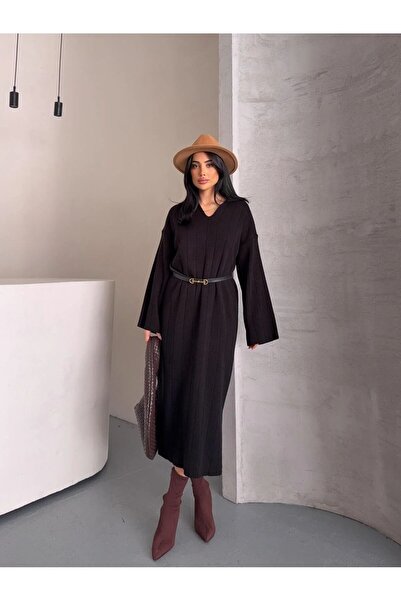 solena sln Γυναικείο μακρυμάνικο μάξι χειμερινό πλεκτό φόρεμα με λαιμόκοψη πό...