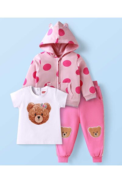 Babyhug Terry Knit Full Sleeve Hooded Jacket Bear Print T-Shirt & Joggers Set - Pink & White