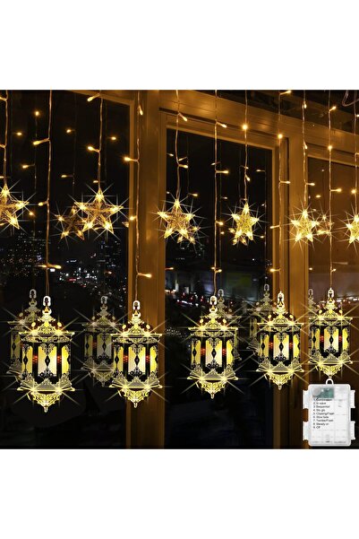 Pomefar أضواء زينة رمضان ثنائية الأبعاد، ستائر فوانيس على شكل نجوم LED لتزيين...