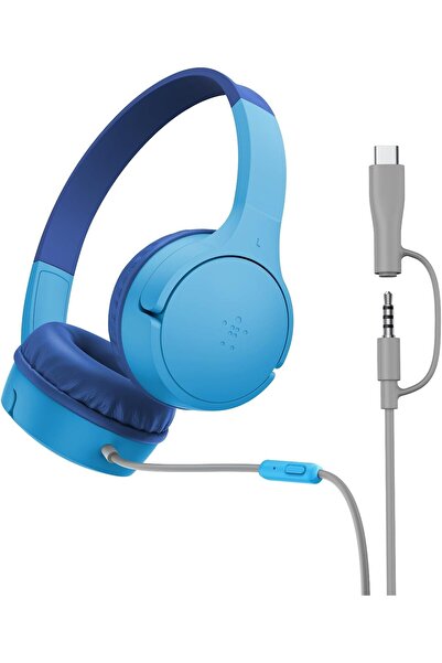 Belkin سماعات رأس سلكية صغيرة للأطفال من ساوند فورم، مزودة بمحول USB-C إلى 3.5 ملم، وميكروفون مدمج - أزرق