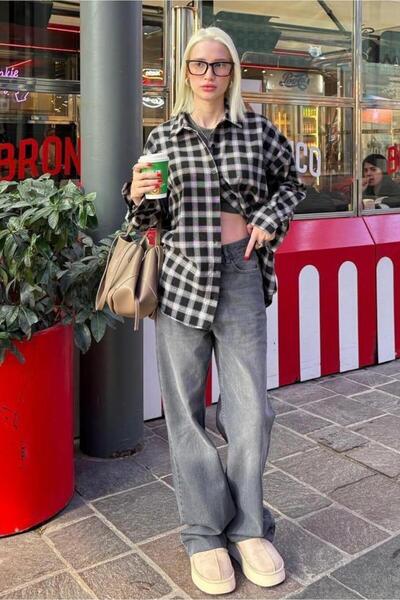 Seeh Black Oversized Plaid Pattern Women's Shirt Sh334