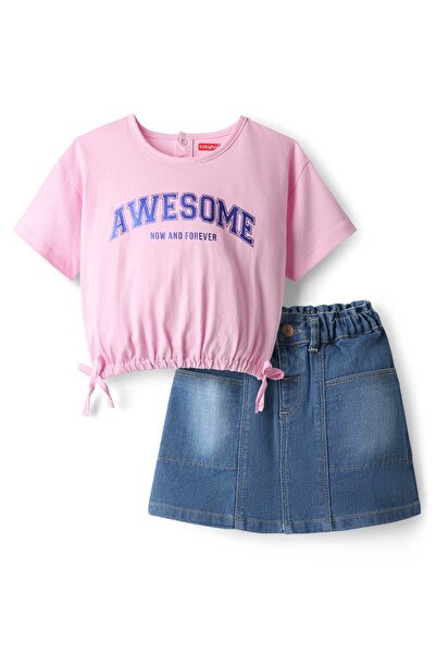 Babyhug Single Jersey Knit Half Sleeves Top & Denim Skirt Set with Text Print - Pink & Blue