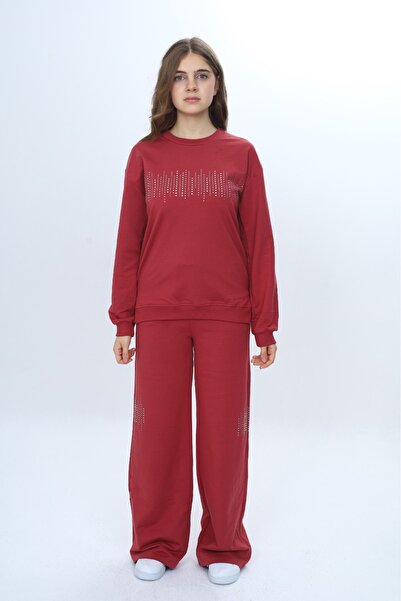 Toontoy Girl's 2-Piece Set Stone Embroidered & Crew Neck Sweatshirt & Wide Leg Sweatpants with Pockets