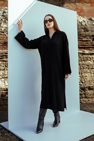 Marbella Standard Size Polo Neck Corded Fabric Knitwear Dress Suitable for Women's Hijab