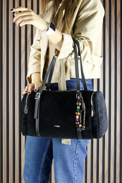 Erkan Saçmacı Black Genuine Cowhide Suede Zippered Three-Compartment Daily Large Size Shoulder Bag with Bead Accessories