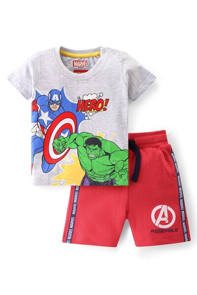 Babyhug Marvel تيشيرت وشورت قطني 100% بنصف كم ورسومات أفنجرز - رمادي وأحمر