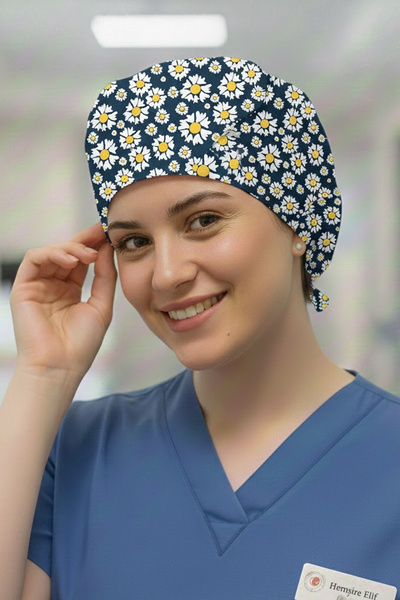 Lion Üniforma Lacivert Papatya Desenli Cerrahi Bone Unisex – Likralı Doktor H...