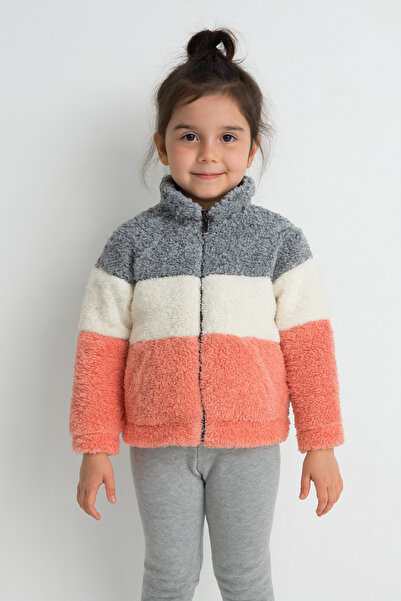 ÖZNUR Kız Çocuk Peluş Renk Bloklu Fermuarlı hırka