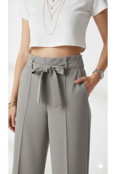 ribana Women's High Waist Wide Leg Pants with Pockets, Elastic Waistband, and Tie-Up Fabric Trousers