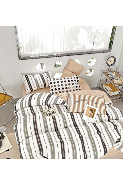 trendyhome 6-Piece Finet Cotton Bedding Set - Striped Model, Grey/Cream/Beige