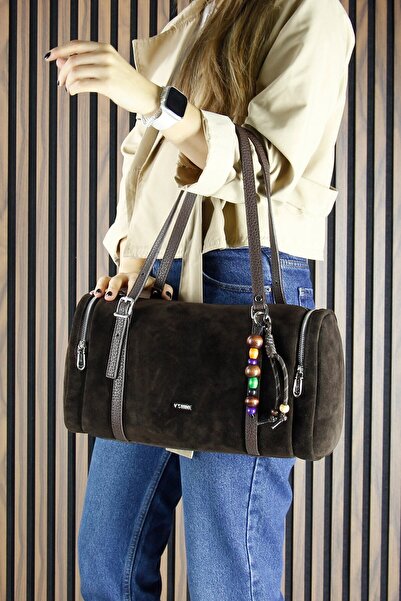 Erkan Saçmacı Καφέ γνήσιο δέρμα αγελάδας σουέτ με φερμουάρ τριών τμημάτων καθημερινή τσάντα ώμου μεγάλου μεγέθους με αξεσουάρ από χάντρες