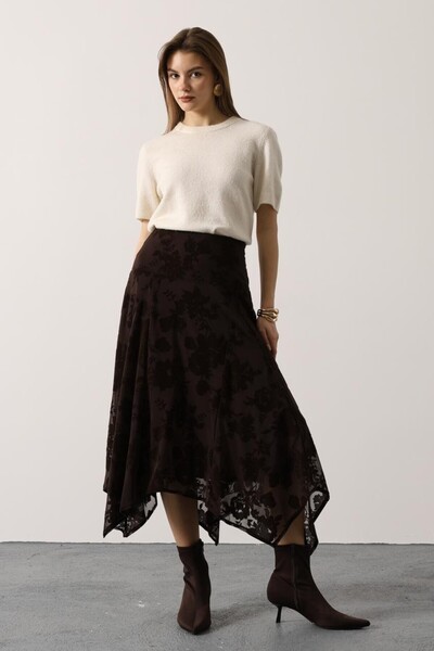 cemo ASİMETRSİK KESİM GÜL NAKISLI ETEK