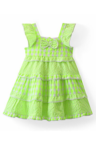 Babyhug Seer Sucker Woven Cap Sleeves Checkered Frock with Bow Applique - Green