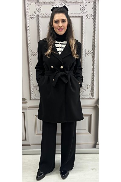 styleFlex Elegant Coat in Striped Fabric with Lining and Gold Buttons