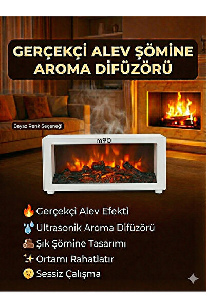M90 Alev Efektli Şömine Görünümlü Aroma Difüzör ve Hava Nemlendirici
