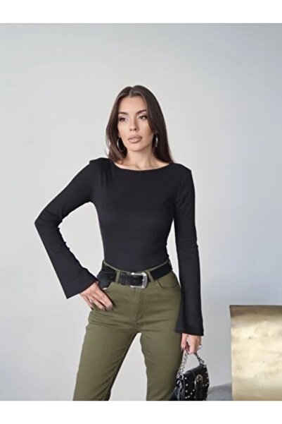 Ales Moda Ribbed Knit Wide Neckline Spanish Long Sleeve Bodysuit