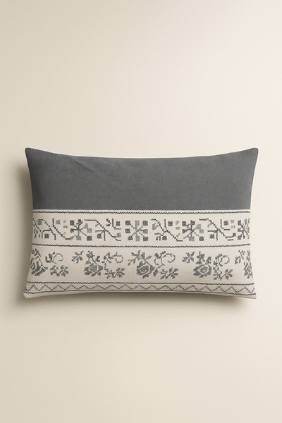 Teksev غطاء وسادة فيرونيكا مكون من قطعتين من القماش القطني المزخرف باللون الرمادي مع سحاب