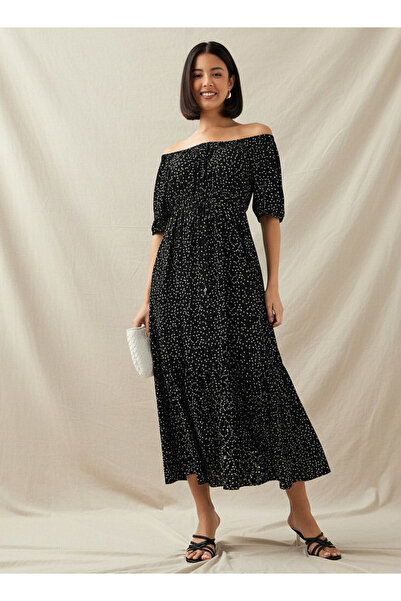FAV Polka Dot Print Off Shoulder Women Dress with Tie-Ups
