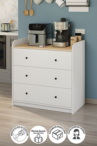 Bofigo 3 Çekmeceli Dolap 6 Bölmeli Çok Amaçlı Dolap Mutfak Dolabı Kahve Köşesi Begüm Safir Meşe Beyaz