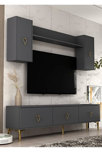 DEMONTE DECOR 1342TV180-1CDD TV ÜNİTESİ , TV SEHPASI ANTRASİT-ALTIN